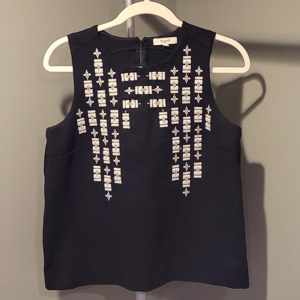 Madewell‎ Sleeveless Embroidered Blouse Sweatshirt Tank, Size S, Black And White